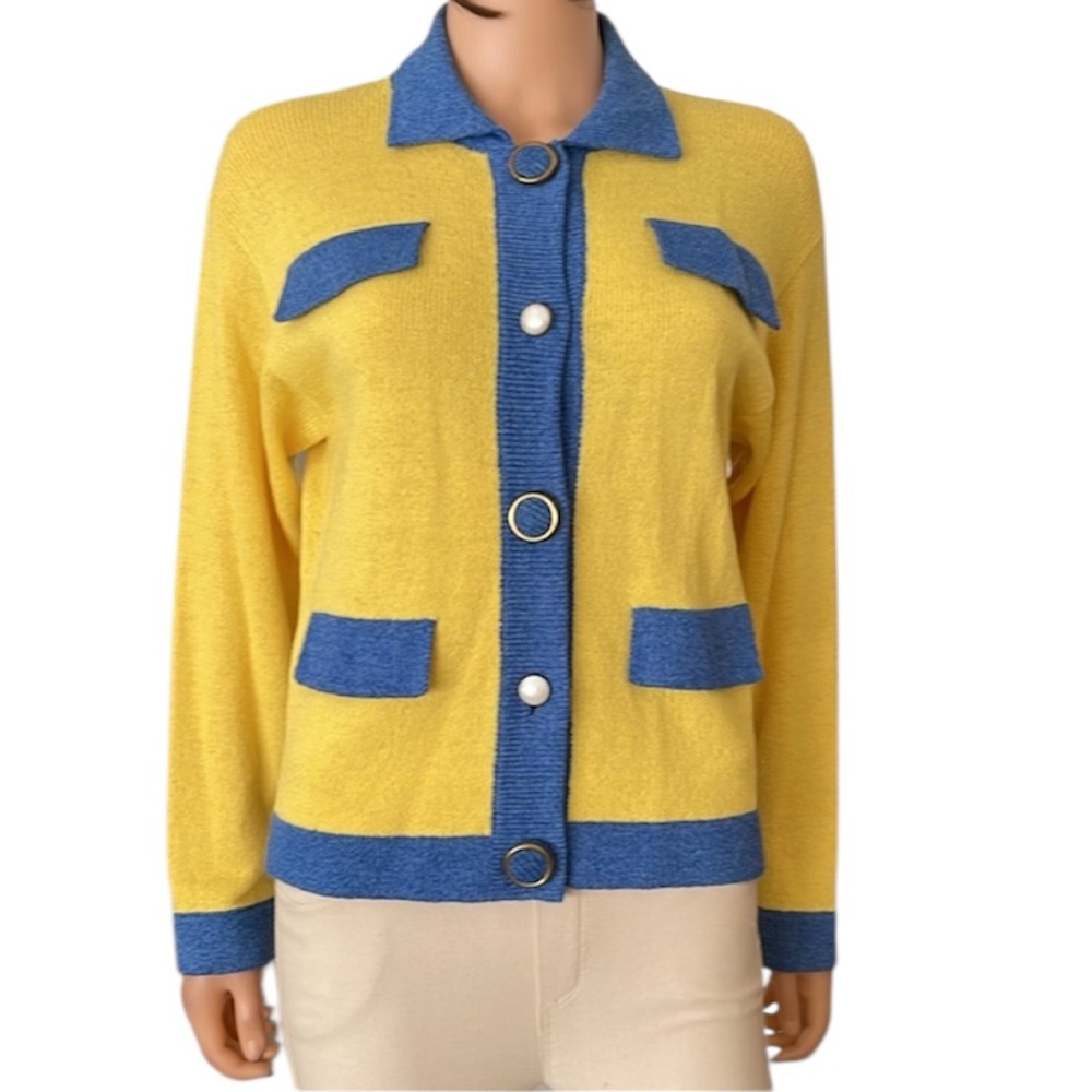 NWOT Vintage Women’s Rich and Levy yellow n blue wool knit cardigan sweater